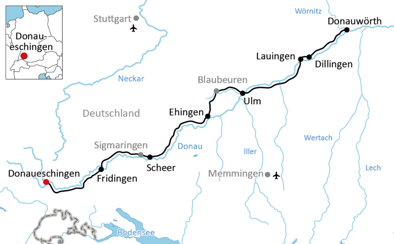 Route fietsvakantie Donau van Donaueschingen naar Donauwörth